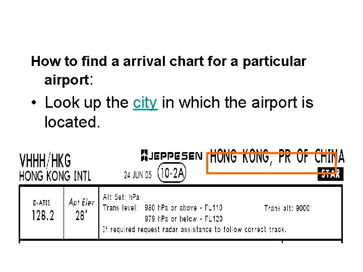 How to find a arrival chart for a particular airport: • Look up the