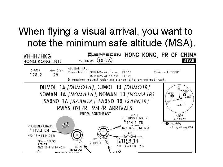 When flying a visual arrival, you want to note the minimum safe altitude (MSA).