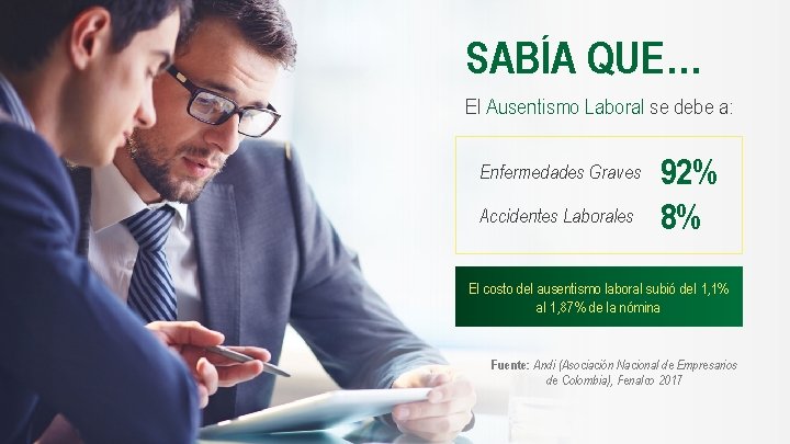SABÍA QUE… El Ausentismo Laboral se debe a: Enfermedades Graves Accidentes Laborales 92% 8%