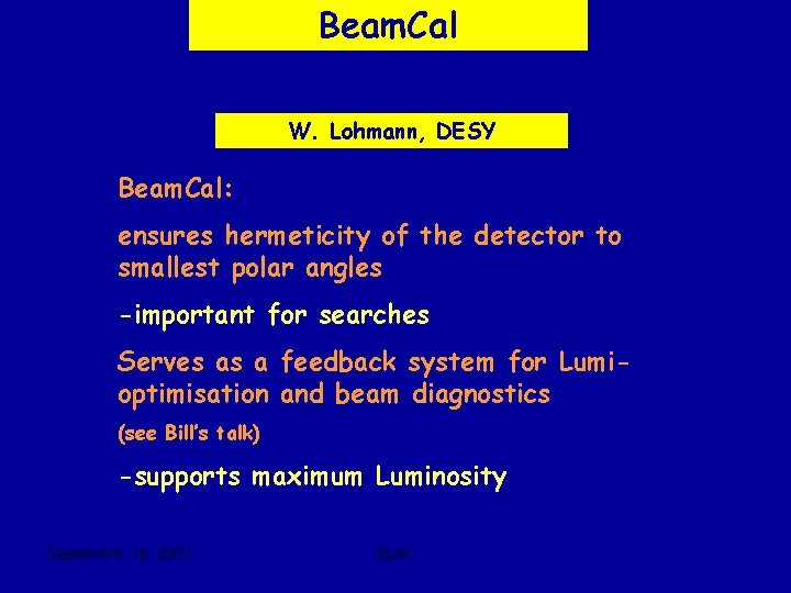 Beam. Cal W. Lohmann, DESY Beam. Cal: ensures hermeticity of the detector to smallest