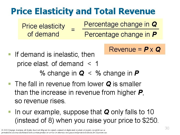 Price Elasticity and Total Revenue Price elasticity = of demand Percentage change in Q