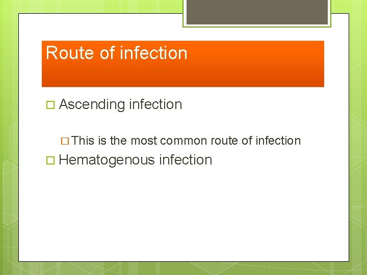 Route of infection Ascending � This infection is the most common route of infection