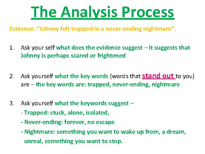 The Analysis Process Evidence: “Johnny felt trapped in a never-ending nightmare”. 1. Ask your
