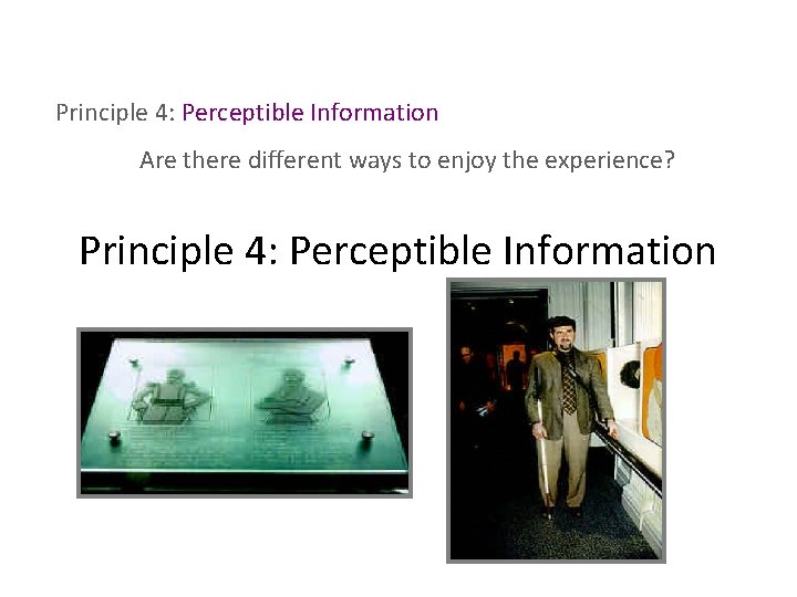 Principle 4: Perceptible Information Are there different ways to enjoy the experience? Principle 4:
