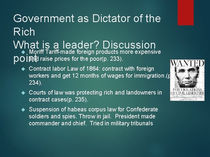 Government as Dictator of the Rich What is a leader? Discussion Moriff Tariff-made foreign