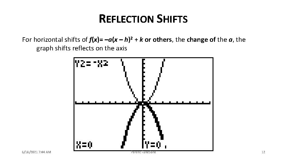 REFLECTION SHIFTS For horizontal shifts of f(x)= –a(x – h)2 + k or others,