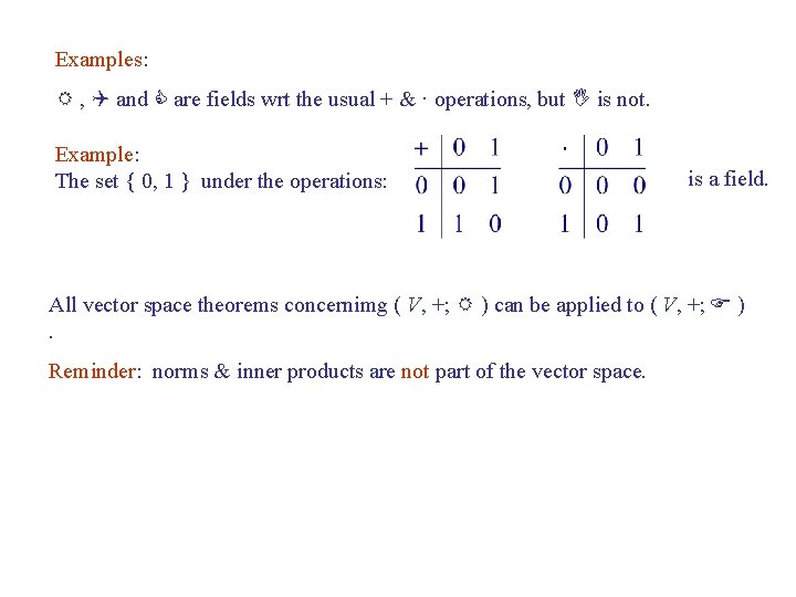 Examples: R , Q and C are fields wrt the usual + & ·