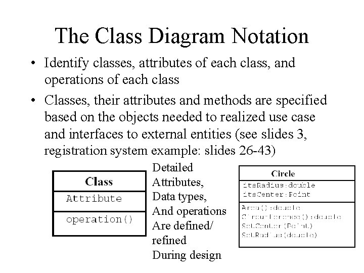 The Class Diagram Notation • Identify classes, attributes of each class, and operations of