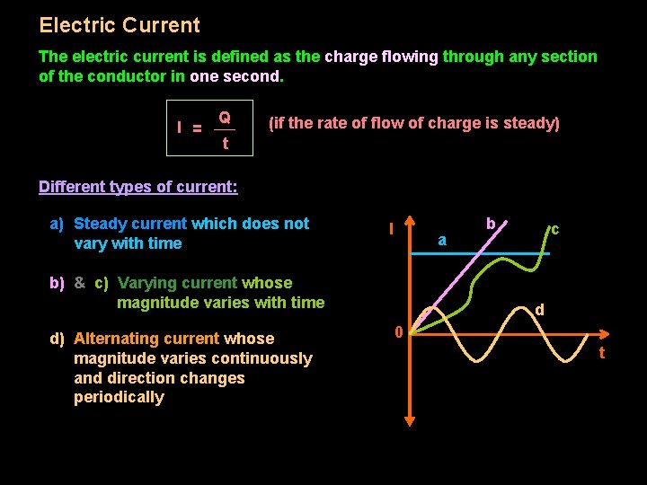 Electric Current The electric current is defined as the charge flowing through any section