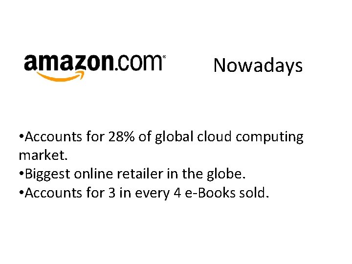 Nowadays • Accounts for 28% of global cloud computing market. • Biggest online retailer
