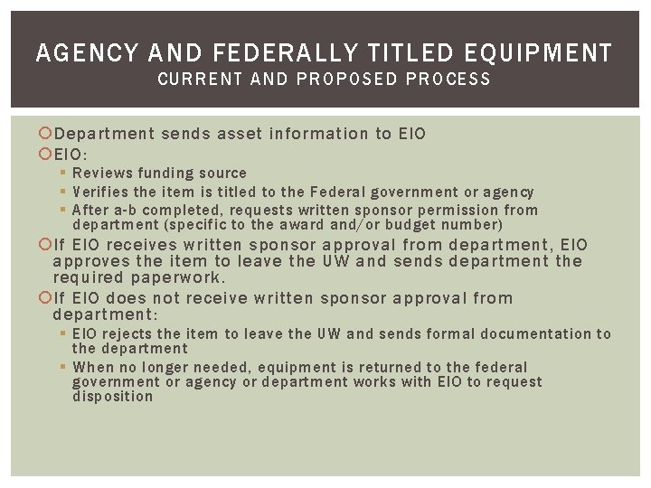 AGENCY AND FEDERALLY TITLED EQUIPMENT CURRENT AND PROPOSED PROCESS Department sends asset information to