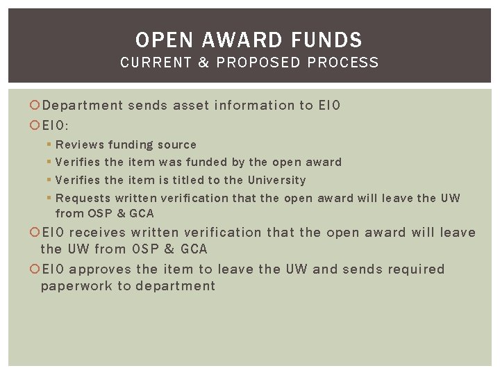 OPEN AWARD FUNDS CURRENT & PROPOSED PROCESS Department sends asset information to EIO: §