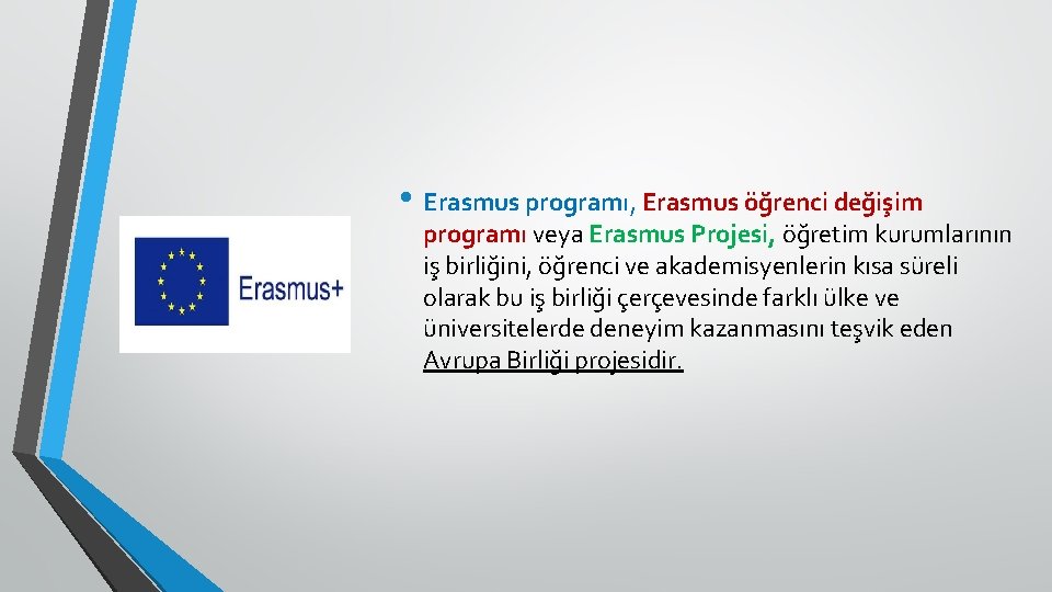  • Erasmus programı, Erasmus öğrenci değişim programı veya Erasmus Projesi, öğretim kurumlarının iş