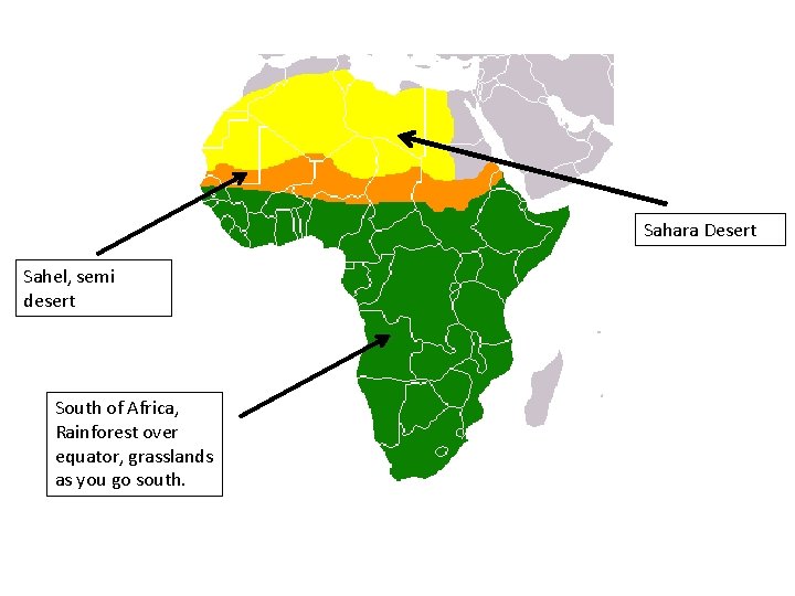 Sahara Desert Sahel, semi desert South of Africa, Rainforest over equator, grasslands as you