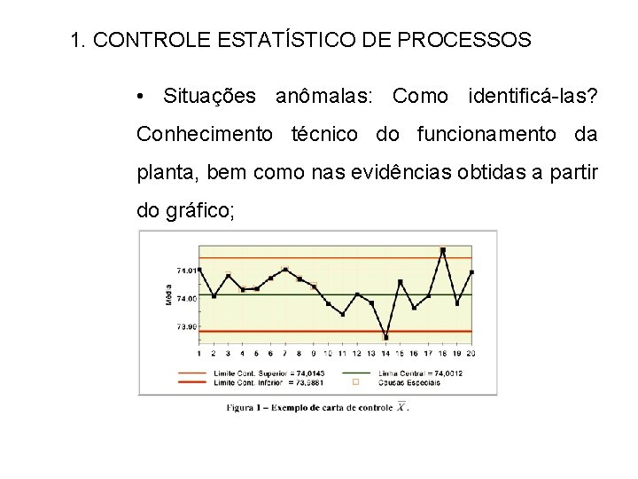 1. CONTROLE ESTATÍSTICO DE PROCESSOS • Situações anômalas: Como identificá-las? Conhecimento técnico do funcionamento