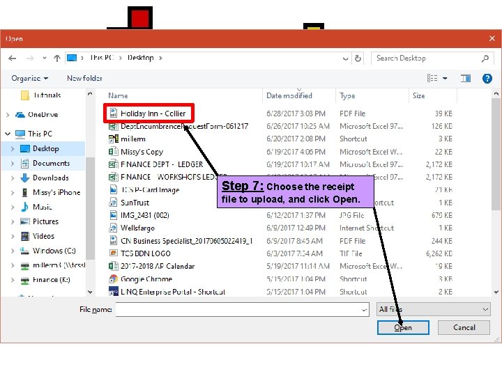 Step 7: Choose the receipt file to upload, and click Open. 