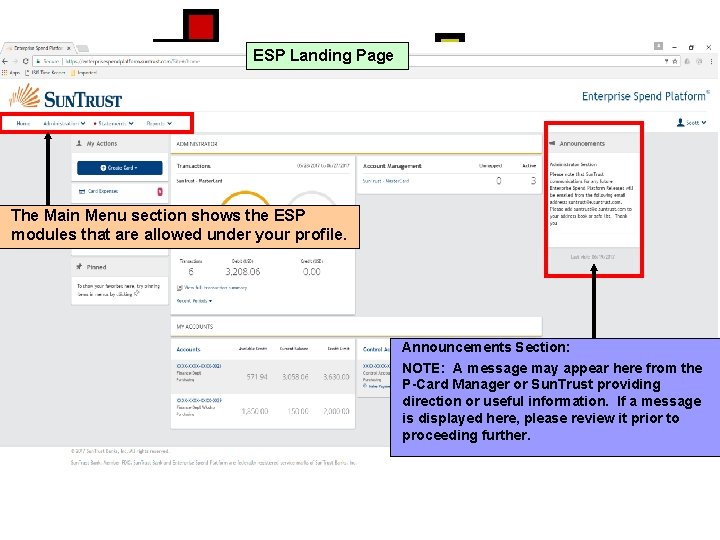 ESP Landing Page The Main Menu section shows the ESP modules that are allowed