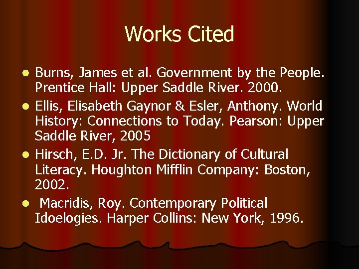 Works Cited l l Burns, James et al. Government by the People. Prentice Hall: