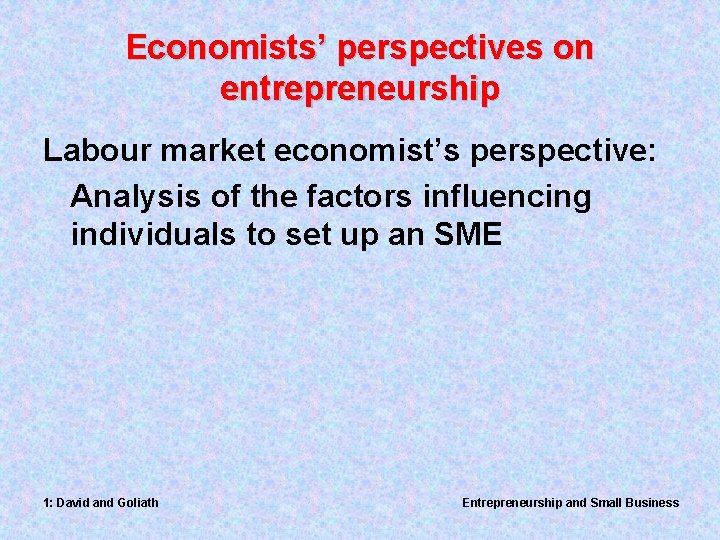 Economists’ perspectives on entrepreneurship Labour market economist’s perspective: Analysis of the factors influencing individuals