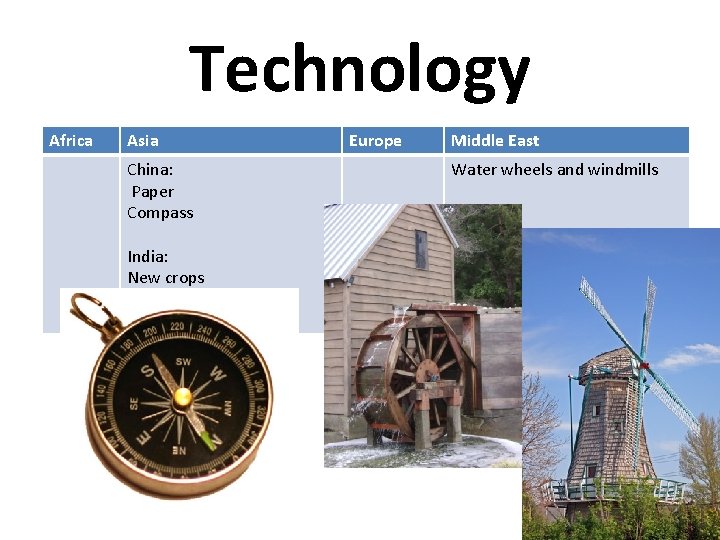 Technology Africa Asia China: Paper Compass India: New crops Europe Middle East Water wheels