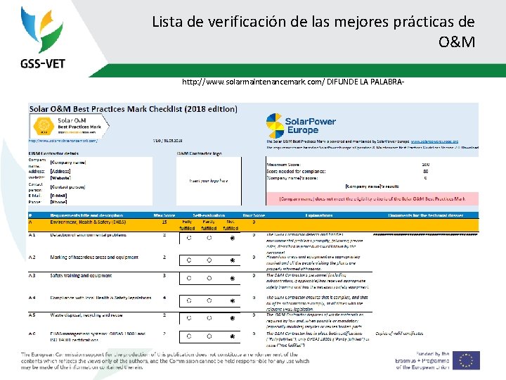 Lista de verificación de las mejores prácticas de O&M http: //www. solarmaintenancemark. com/ DIFUNDE