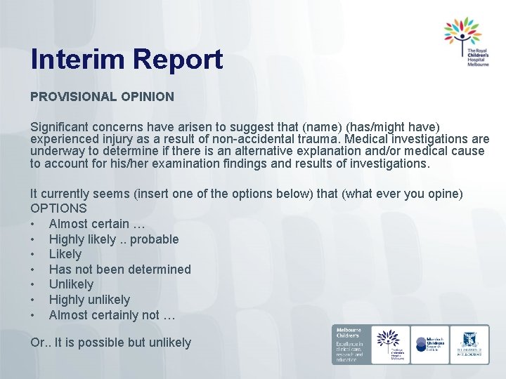 Interim Report PROVISIONAL OPINION Significant concerns have arisen to suggest that (name) (has/might have)