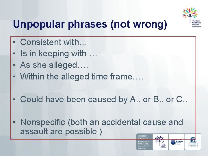 Unpopular phrases (not wrong) • • Consistent with… Is in keeping with … As
