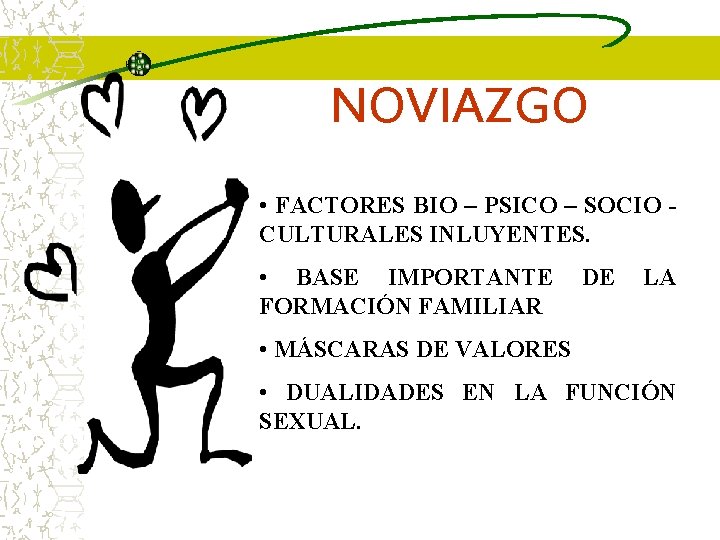 NOVIAZGO • FACTORES BIO – PSICO – SOCIO CULTURALES INLUYENTES. • BASE IMPORTANTE FORMACIÓN