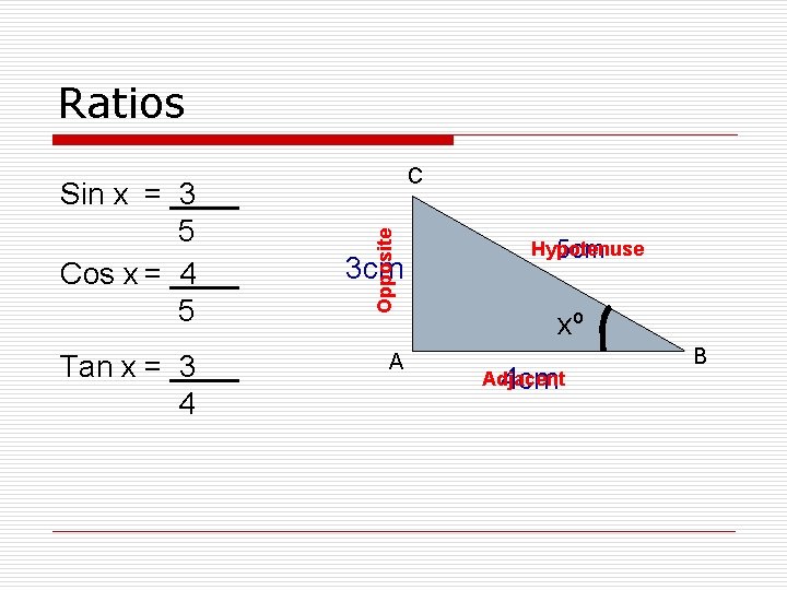 Ratios Tan x = 3 4 Opposite Sin x = 3 5 Cos x