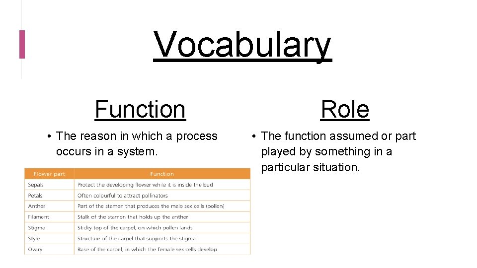 Vocabulary Function • The reason in which a process occurs in a system. Role