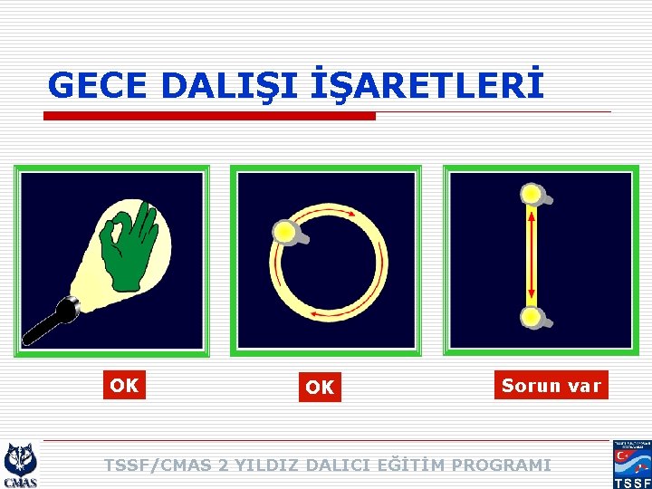 GECE DALIŞI İŞARETLERİ OK OK Sorun var TSSF/CMAS 2 YILDIZ DALICI EĞİTİM PROGRAMI 