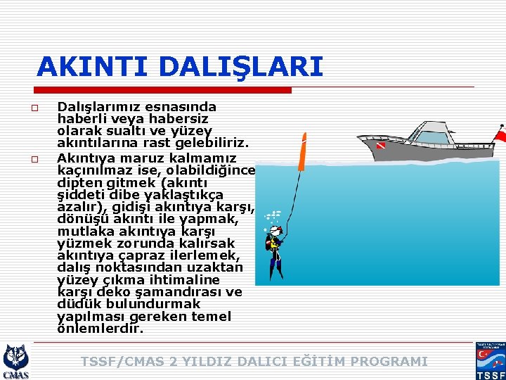 AKINTI DALIŞLARI o o Dalışlarımız esnasında haberli veya habersiz olarak sualtı ve yüzey akıntılarına