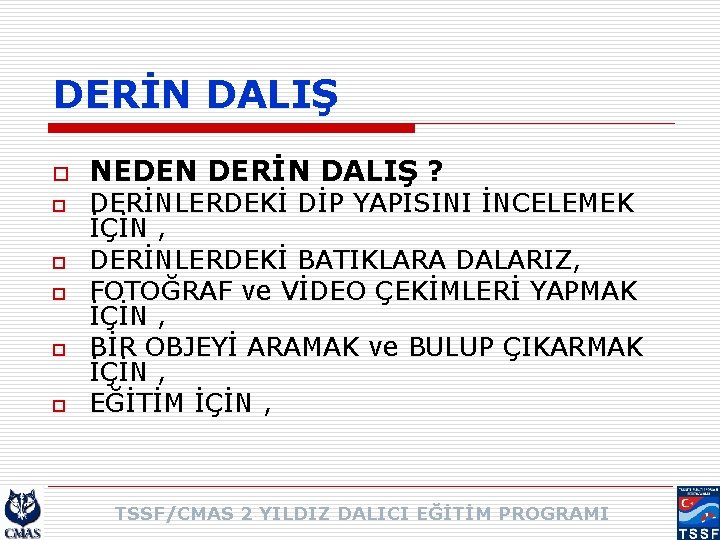 DERİN DALIŞ o o o NEDEN DERİN DALIŞ ? DERİNLERDEKİ DİP YAPISINI İNCELEMEK İÇİN