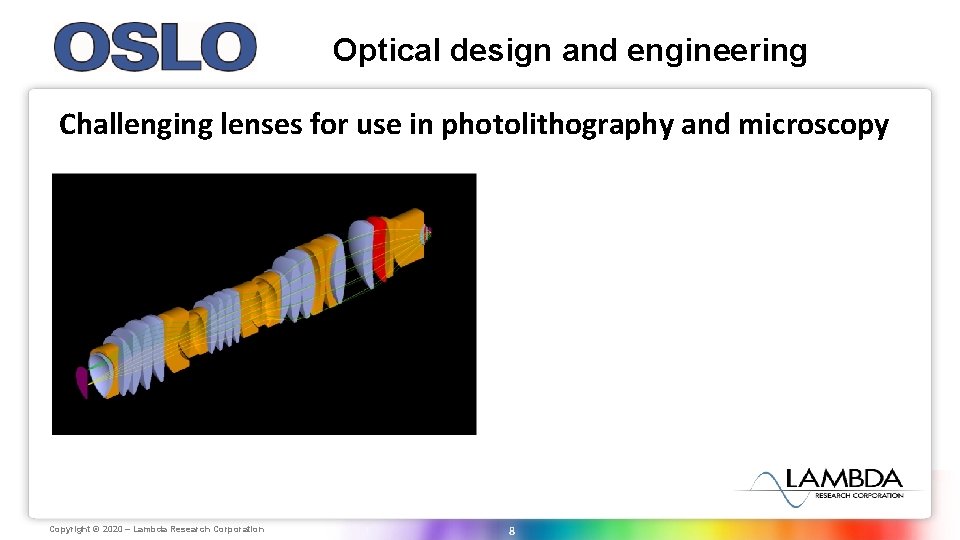 Optical design and engineering Challenging lenses for use in photolithography and microscopy Copyright Lambda Optical design and engineering Challenging lenses for use in photolithography and microscopy Copyright Lambda