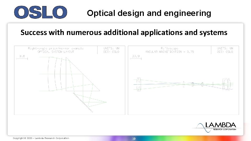 Optical design and engineering Success with numerous additional applications and systems Copyright Lambda Research Optical design and engineering Success with numerous additional applications and systems Copyright Lambda Research