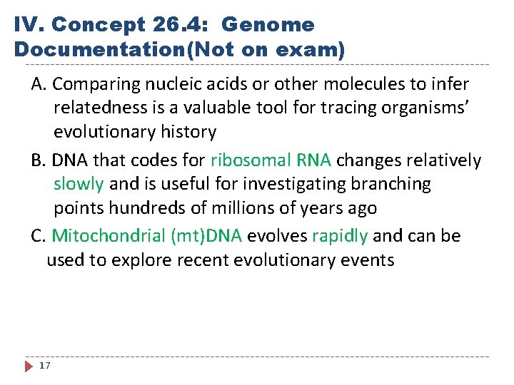 IV. Concept 26. 4: Genome Documentation(Not on exam) A. Comparing nucleic acids or other