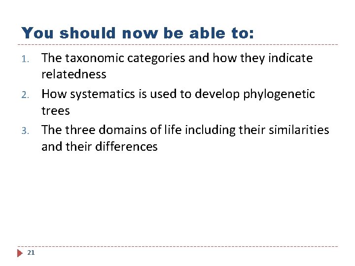 You should now be able to: 1. 2. 3. 21 The taxonomic categories and