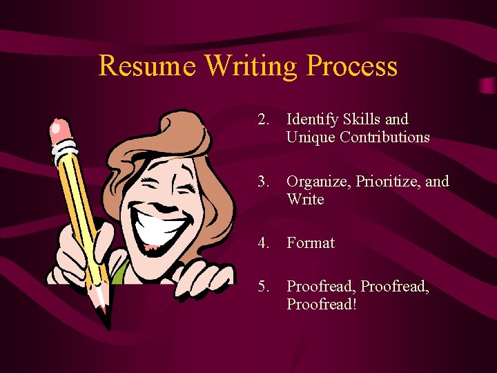 Resume Writing Process 2. Identify Skills and Unique Contributions 3. Organize, Prioritize, and Write Resume Writing Process 2. Identify Skills and Unique Contributions 3. Organize, Prioritize, and Write