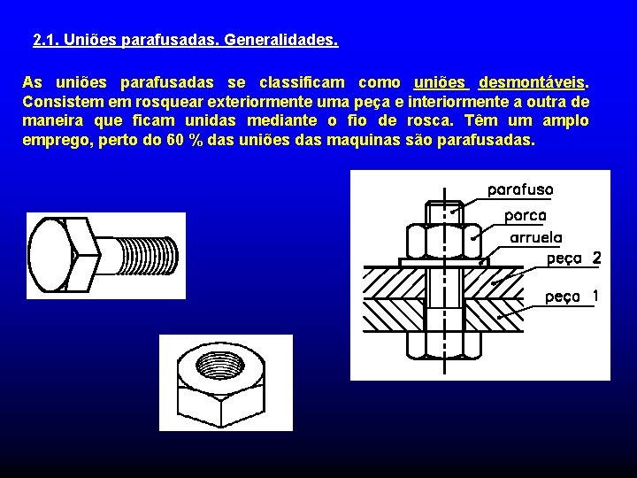 2. 1. Uniões parafusadas. Generalidades. As uniões parafusadas se classificam como uniões desmontáveis. Consistem 2. 1. Uniões parafusadas. Generalidades. As uniões parafusadas se classificam como uniões desmontáveis. Consistem