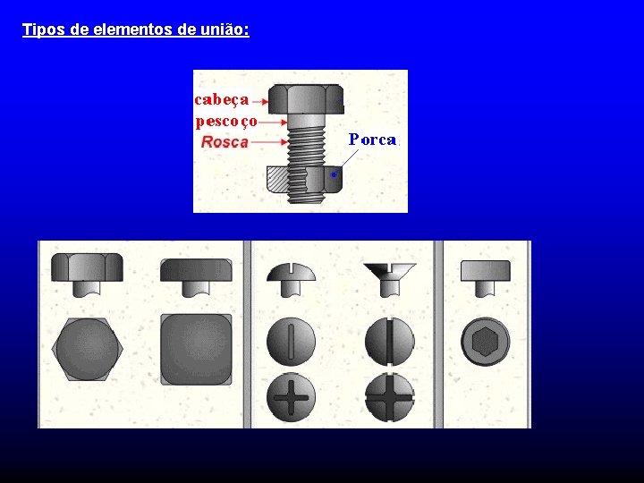 Tipos de elementos de união: Tipos de elementos de união: