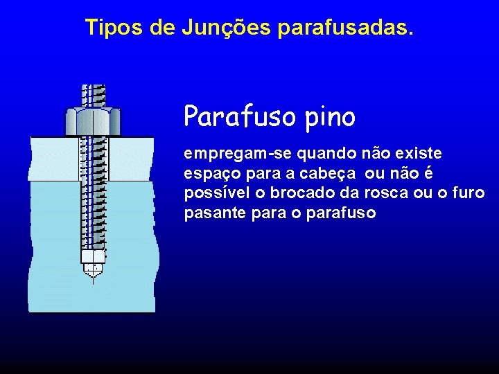 Tipos de Junções parafusadas. Parafuso pino empregam-se quando não existe espaço para a cabeça Tipos de Junções parafusadas. Parafuso pino empregam-se quando não existe espaço para a cabeça