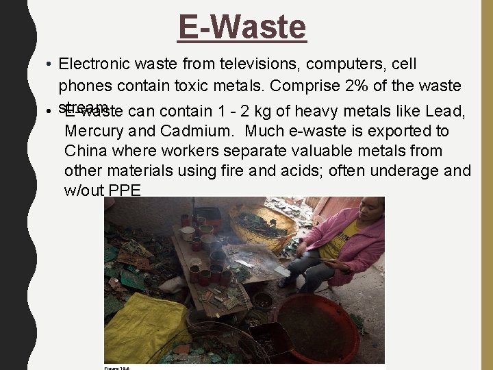 E-Waste • Electronic waste from televisions, computers, cell phones contain toxic metals. Comprise 2%