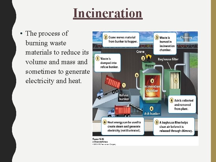 Incineration • The process of burning waste materials to reduce its volume and mass