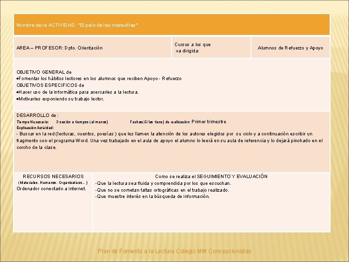 Nombre de la ACTIVIDAD: “El país de las maravillas” AREA – PROFESOR: Dpto. Orientación