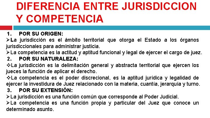 DIFERENCIA ENTRE JURISDICCION Y COMPETENCIA 1. POR SU ORIGEN: ØLa jurisdicción es el ámbito