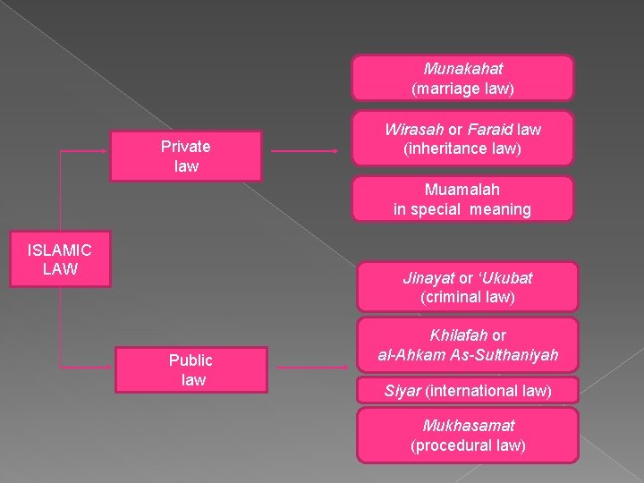 Munakahat (marriage law) Private law Wirasah or Faraid law (inheritance law) Muamalah in special