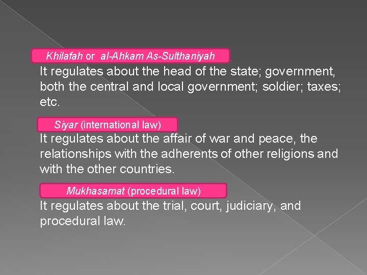 Khilafah or al-Ahkam As-Sulthaniyah It regulates about the head of the state; government, both