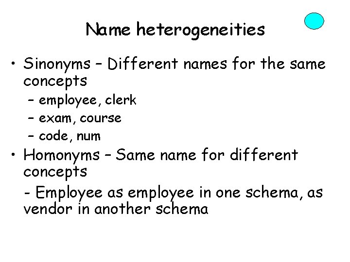 Name heterogeneities • Sinonyms – Different names for the same concepts – employee, clerk