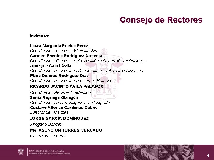 Consejo de Rectores Invitados: Laura Margarita Puebla Pérez Coordinadora General Administrativa Carmen Enedina Rodríguez