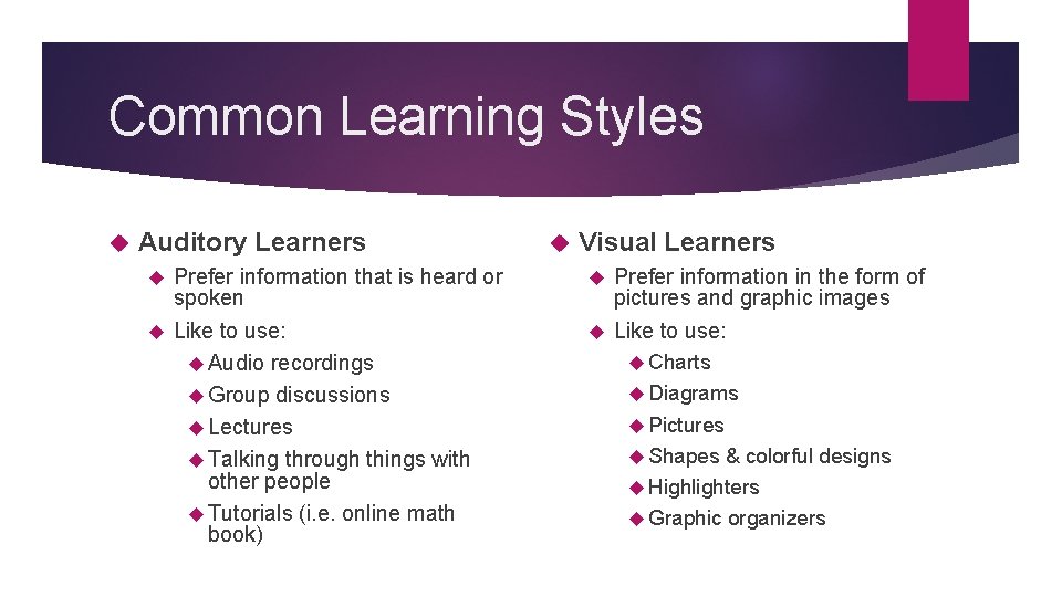 Common Learning Styles Auditory Learners Prefer information that is heard or spoken Like to